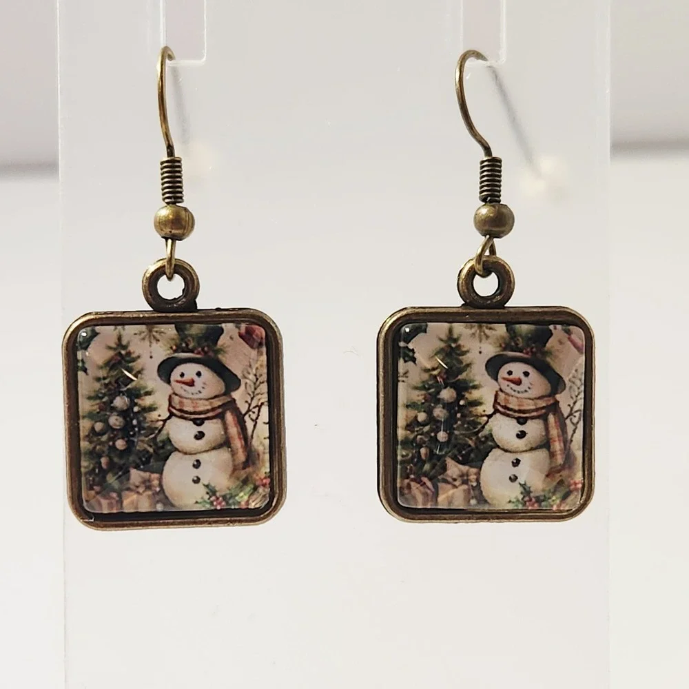 Vintage Style Snowman Christmas Tree Square Bronze Drop Earrings Holiday Jewelry